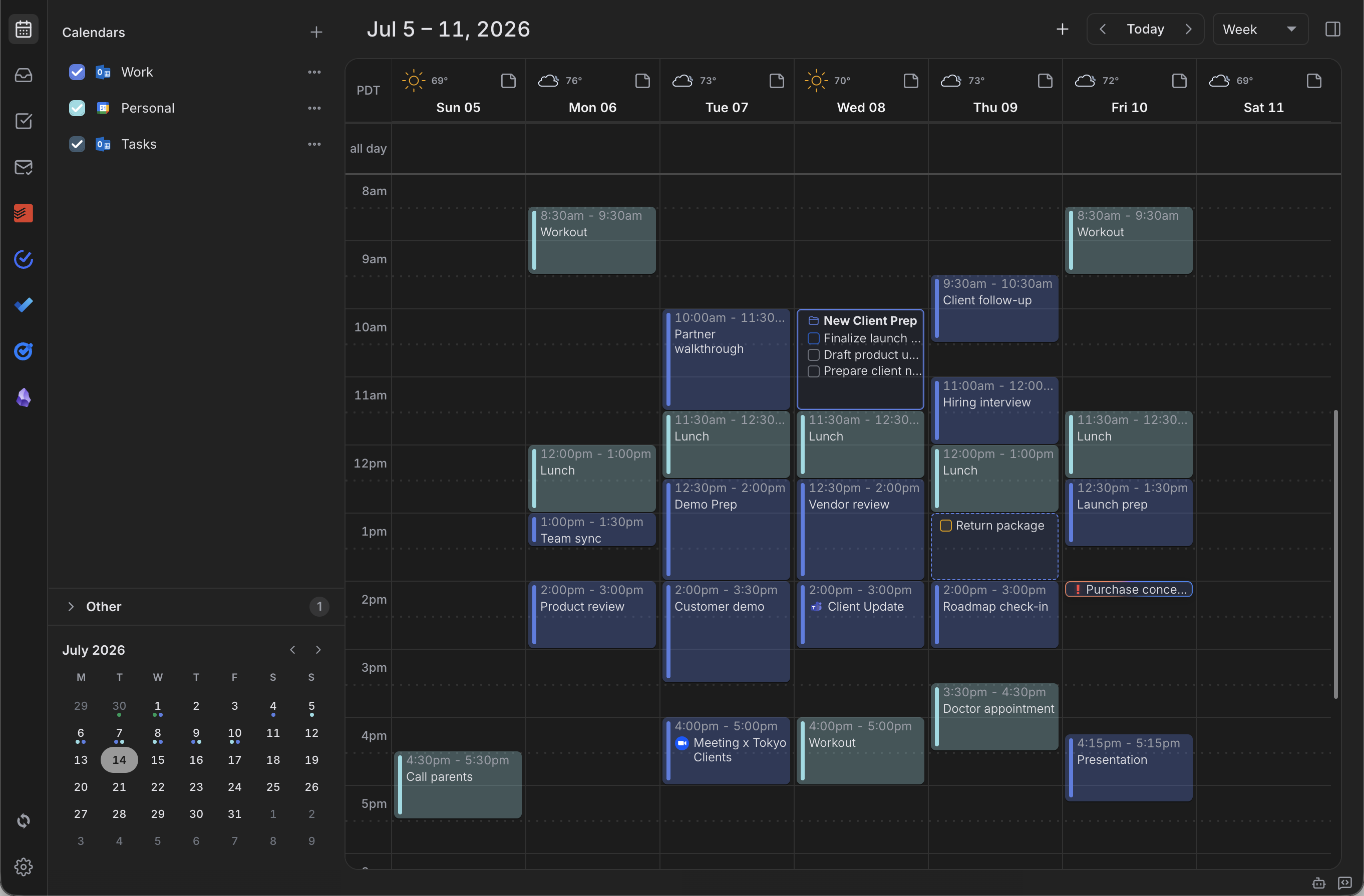 Dainvo dark weekly planner showing connected calendars, tasks, and work blocks