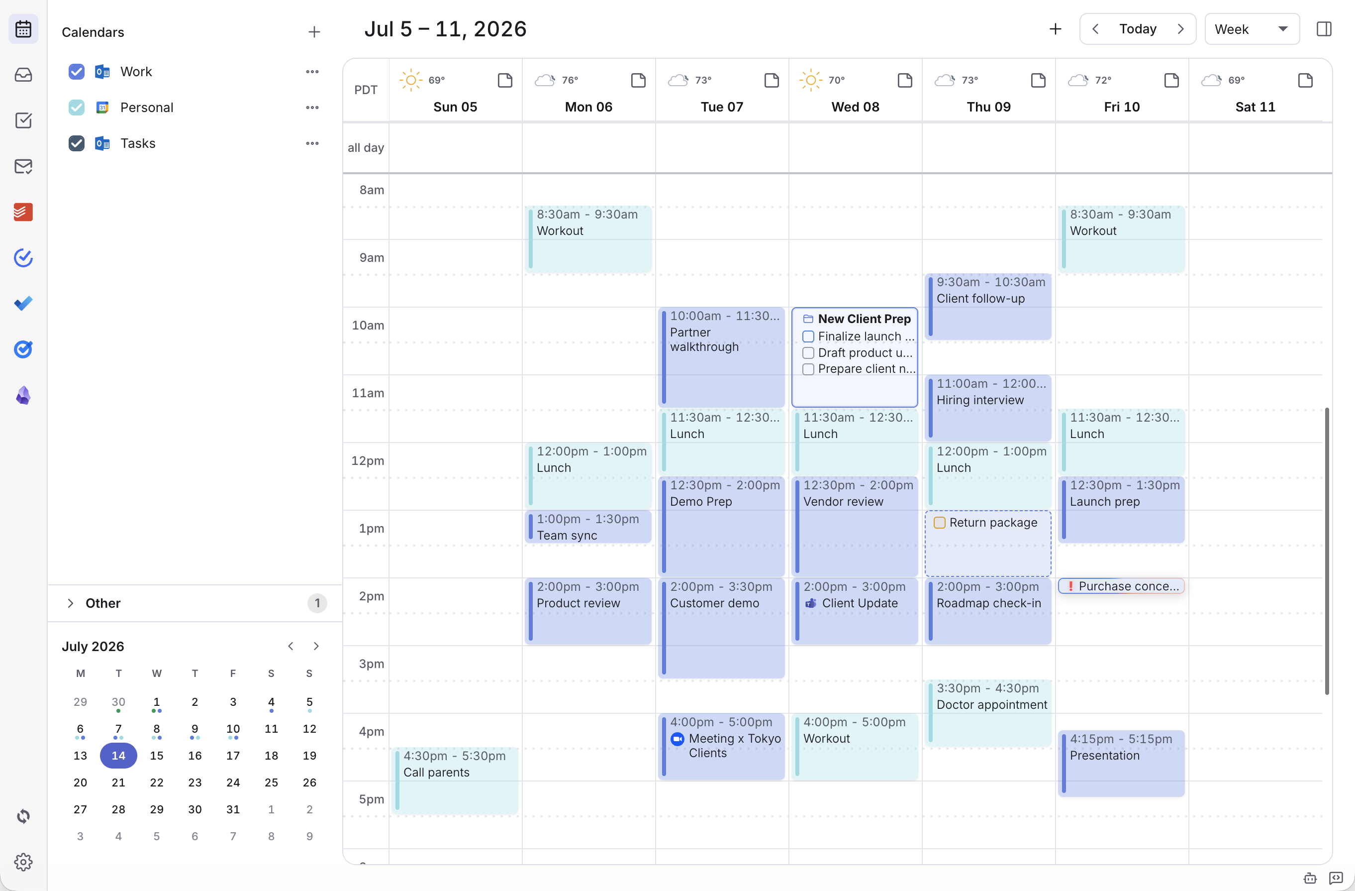 Dainvo weekly planner showing connected calendars, tasks, and work blocks