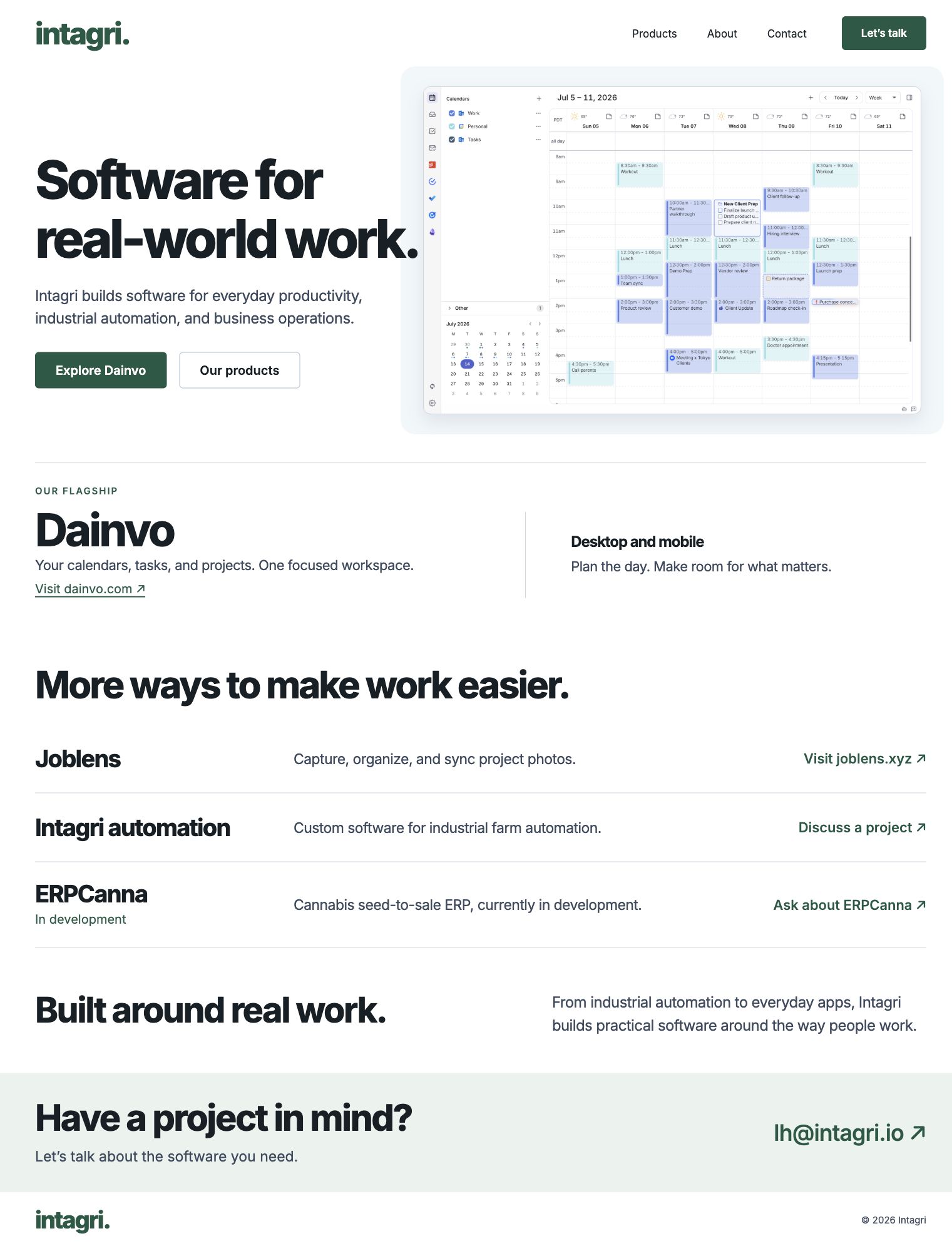 Rendered light HTML layout with company introduction and real Dainvo planner